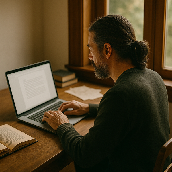 Uomo che scrive al laptop accanto a un libro aperto, benefici della scrittura e journaling