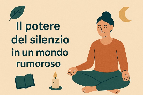 Donna in meditazione con candela, libro e luna crescente — illustrazione sul potere e i benefici del silenzio interiore per ridurre lo stress e ritrovare benessere.