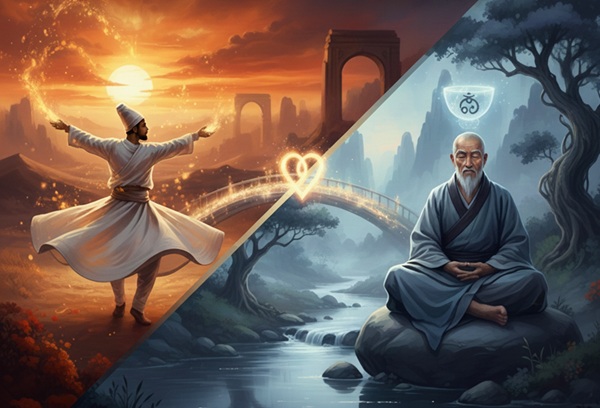 Derviscio sufi che danza e saggio taoista in meditazione, simbolo dei parallelismi spirituali tra Rumi e Lao Tzu