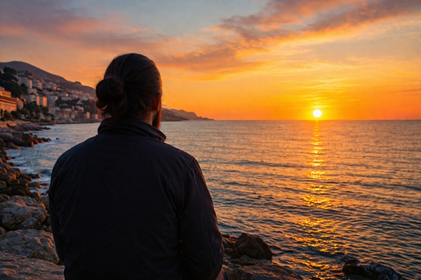 Uomo di spalle osserva il tramonto sul mare, scena di consapevolezza e crescita personale legata alla mindfulness e all’osservazione dei pensieri