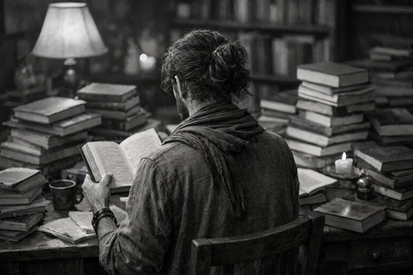 Scrittore che legge circondato da libri sulla scrivania benefici della lettura perché leggere libri libri che cambiano la vita