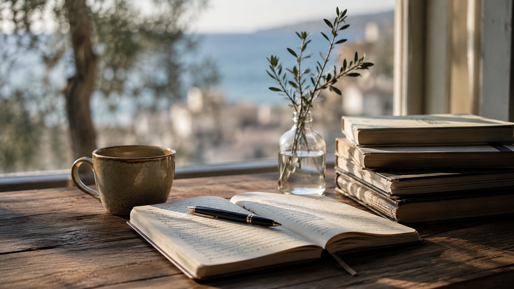 Scrivania con taccuino aperto, libri e tazza di caffè illuminati dalla luce del mattino, immagine simbolo della rubrica Lo sguardo di Madhumaya dedicata agli appunti sul nostro tempo.